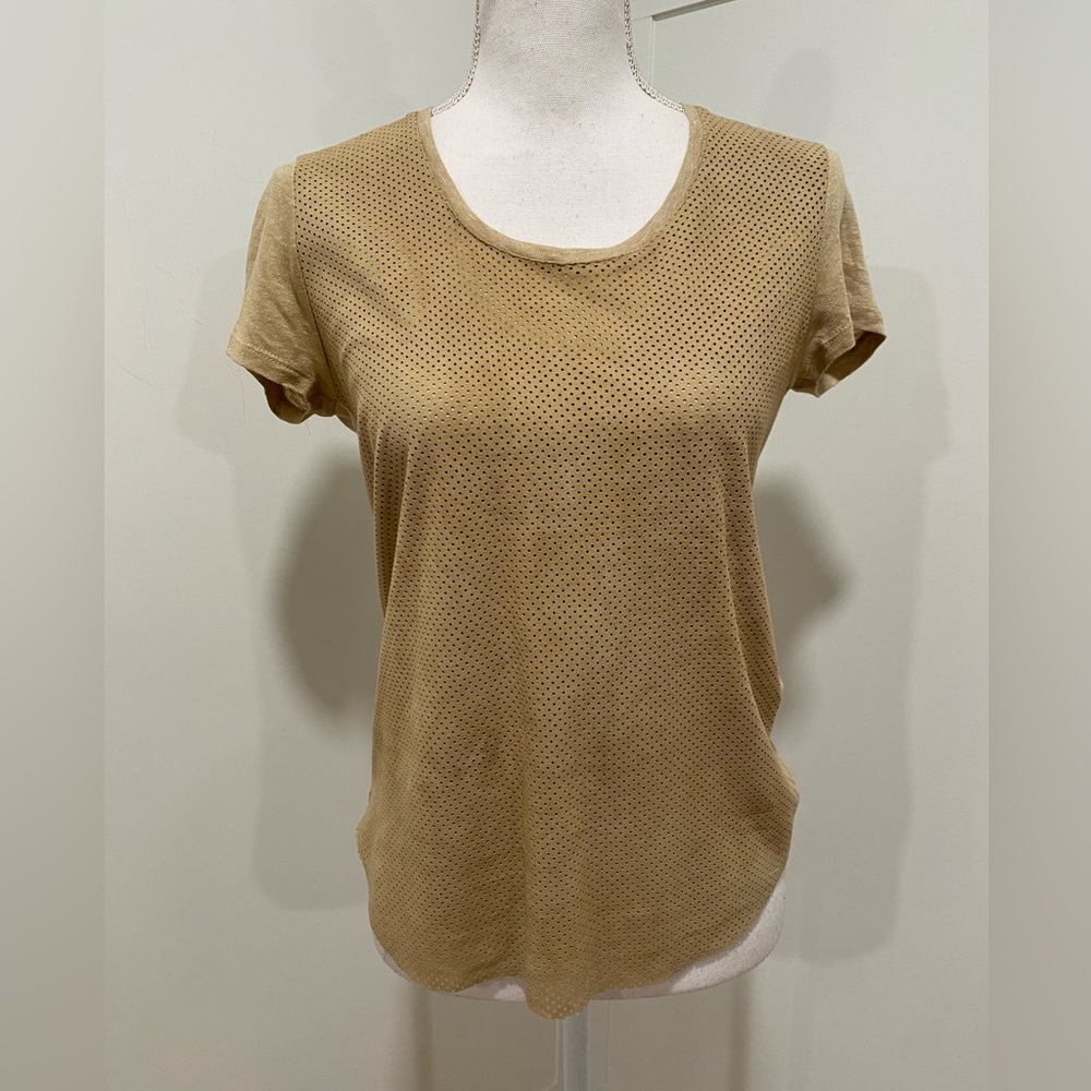 Majestic Filatures Perforated Lamb Leather and Linen Scoop Neck Short Sleeve Top